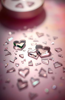A visually striking abstract representation of broken affection, featuring shattered glass pieces forming heart shapes scattered across a soft, blurred background of pastel colors