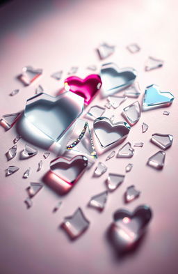 A visually striking abstract representation of broken affection, featuring shattered glass pieces forming heart shapes scattered across a soft, blurred background of pastel colors