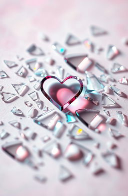A visually striking abstract representation of broken affection, featuring shattered glass pieces forming heart shapes scattered across a soft, blurred background of pastel colors