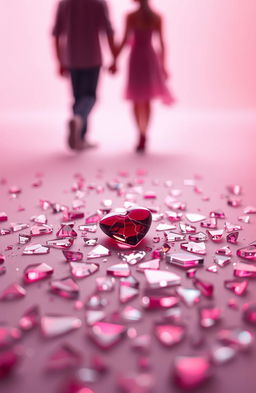 A visually striking representation of broken affection symbolized through shattered heart-shaped glass pieces scattered across a soft, ethereal background