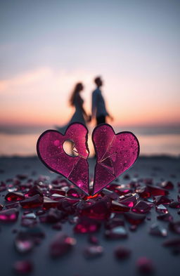 A visually striking representation of broken affection symbolized through shattered heart-shaped glass pieces scattered across a soft, ethereal background