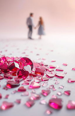 A visually striking representation of broken affection symbolized through shattered heart-shaped glass pieces scattered across a soft, ethereal background