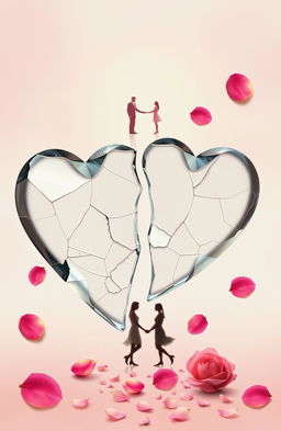 A collage representing the theme of fragmented affection, showcasing shattered hearts made of glass, intertwined with delicate rose petals scattered around