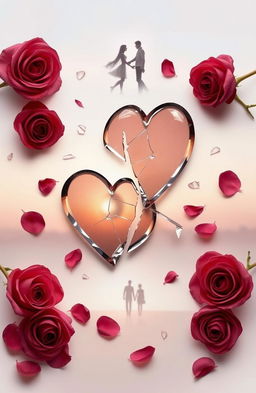 A collage representing the theme of fragmented affection, showcasing shattered hearts made of glass, intertwined with delicate rose petals scattered around