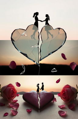 A collage representing the theme of fragmented affection, showcasing shattered hearts made of glass, intertwined with delicate rose petals scattered around