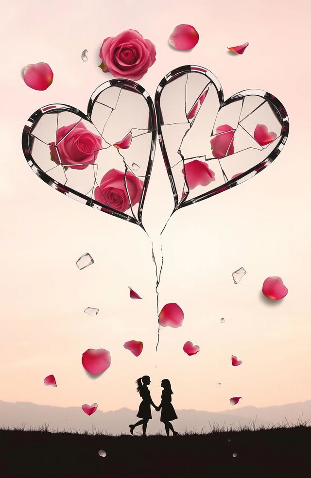 A collage representing the theme of fragmented affection, showcasing shattered hearts made of glass, intertwined with delicate rose petals scattered around