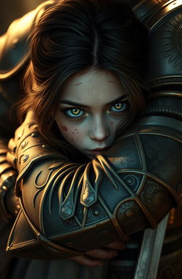 A scene depicting a girl with striking green eyes and visible scars on her skin, showcasing her resilience