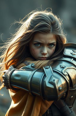 A scene depicting a girl with striking green eyes and visible scars on her skin, showcasing her resilience