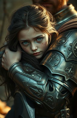 A scene depicting a girl with striking green eyes and visible scars on her skin, showcasing her resilience