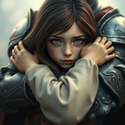 A scene featuring a girl with vibrant green eyes and noticeable scars on her skin, symbolizing her strength and endurance