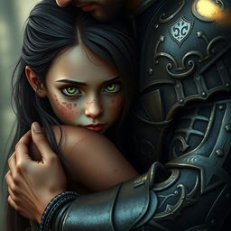 A scene featuring a girl with vibrant green eyes and noticeable scars on her skin, symbolizing her strength and endurance