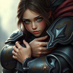 A scene featuring a girl with vibrant green eyes and noticeable scars on her skin, symbolizing her strength and endurance