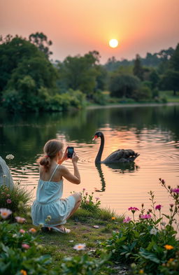 A picturesque scene featuring a majestic black swan gracefully gliding on a serene lake, surrounded by lush greenery and blooming flowers