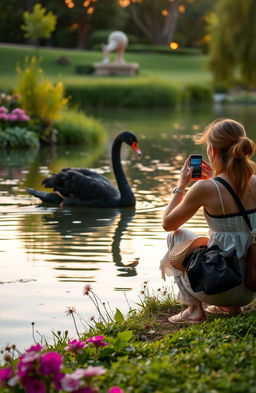 A picturesque scene featuring a majestic black swan gracefully gliding on a serene lake, surrounded by lush greenery and blooming flowers