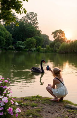 A picturesque scene featuring a majestic black swan gracefully gliding on a serene lake, surrounded by lush greenery and blooming flowers