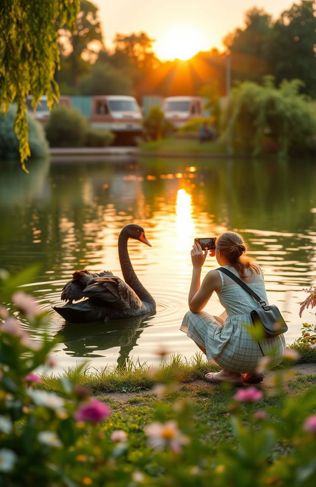 A picturesque scene featuring a majestic black swan gracefully gliding on a serene lake, surrounded by lush greenery and blooming flowers