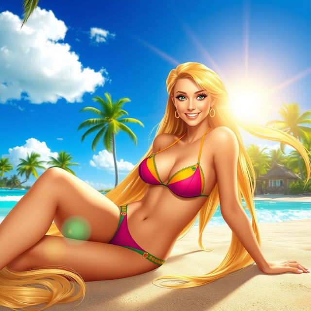 A fantastical scene featuring a beautiful woman with long, flowing golden hair, reminiscent of Rapunzel, lounging on a tropical beach