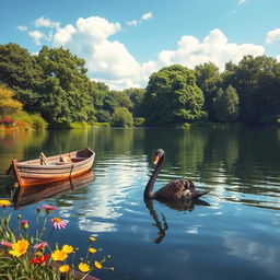 A tranquil scene depicting a graceful black swan swimming on a calm lake, with a vintage wooden rowboat gently floating nearby