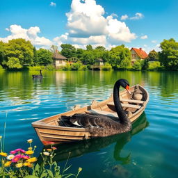 A tranquil scene depicting a graceful black swan swimming on a calm lake, with a vintage wooden rowboat gently floating nearby