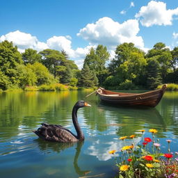 A tranquil scene depicting a graceful black swan swimming on a calm lake, with a vintage wooden rowboat gently floating nearby