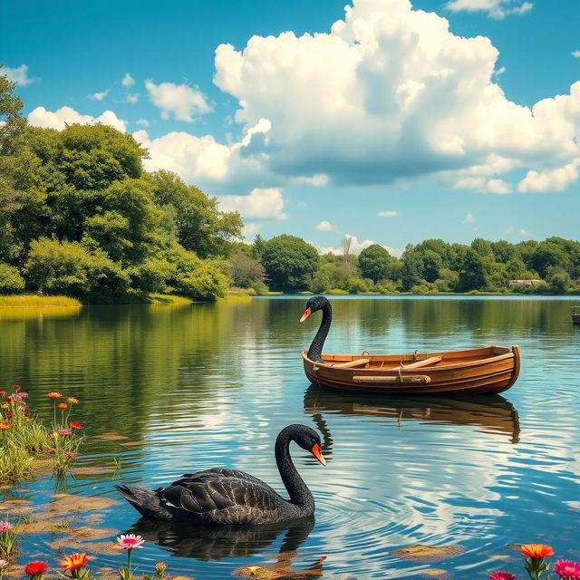 A tranquil scene depicting a graceful black swan swimming on a calm lake, with a vintage wooden rowboat gently floating nearby