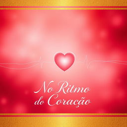 A captivating book cover design for 'No Ritmo do Coração' featuring a soft background in shades of red, pink, and gold, evoking emotions associated with love and passion