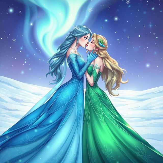 A sensual and intimate illustration featuring two adult women resembling fairy tale princesses with ice powers, sharing a passionate kiss in a snowy landscape