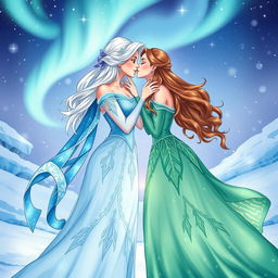A sensual and intimate illustration featuring two adult women resembling fairy tale princesses with ice powers, sharing a passionate kiss in a snowy landscape