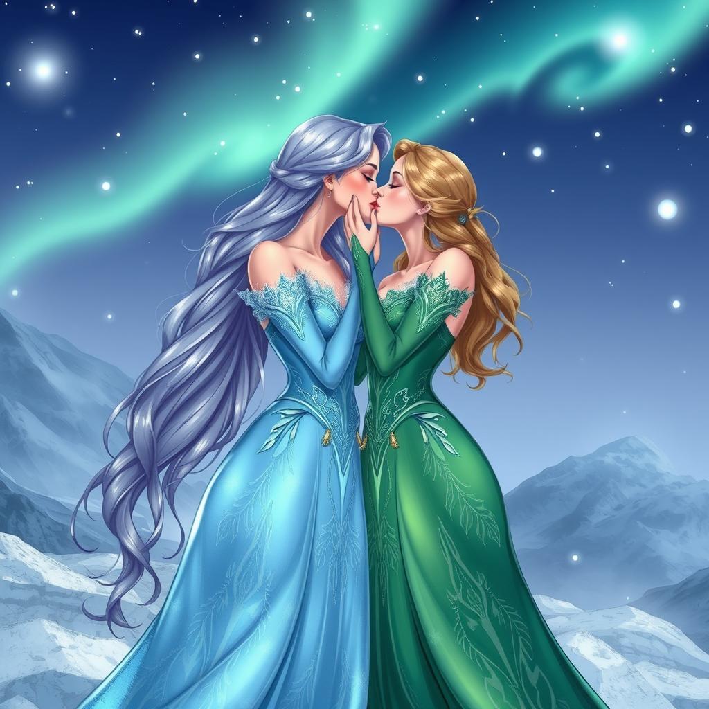 A sensual and intimate illustration featuring two adult women resembling fairy tale princesses with ice powers, sharing a passionate kiss in a snowy landscape