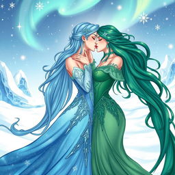A sensual and intimate illustration featuring two adult women resembling fairy tale princesses with ice powers, sharing a passionate kiss in a snowy landscape