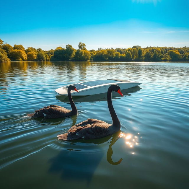 A captivating scene featuring a black swan elegantly swimming on a tranquil lake, with a sleek, modern solar-powered boat moored nearby