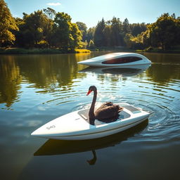 A captivating scene featuring a black swan elegantly swimming on a tranquil lake, with a sleek, modern solar-powered boat moored nearby