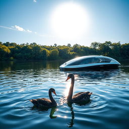 A captivating scene featuring a black swan elegantly swimming on a tranquil lake, with a sleek, modern solar-powered boat moored nearby