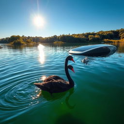A captivating scene featuring a black swan elegantly swimming on a tranquil lake, with a sleek, modern solar-powered boat moored nearby