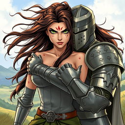 An illustration of a strong woman with fierce green eyes and prominent scars that tell a story of her past struggles and resilience