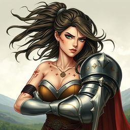 An illustration of a strong woman with fierce green eyes and prominent scars that tell a story of her past struggles and resilience