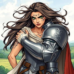 An illustration of a strong woman with fierce green eyes and prominent scars that tell a story of her past struggles and resilience