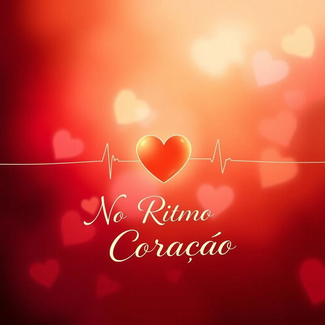 A captivating book cover design for 'No Ritmo do Coração' featuring a soft background with a blend of red, pink, and gold tones that evoke emotions tied to love and passion