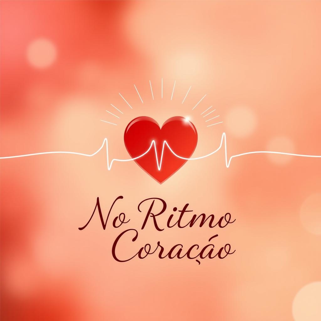 A captivating book cover design for 'No Ritmo do Coração' featuring a soft background with a blend of red, pink, and gold tones that evoke emotions tied to love and passion