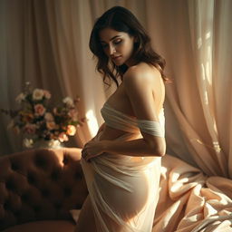 A sensual and artistic representation of a woman gracefully unveiling herself in a soft-lit room