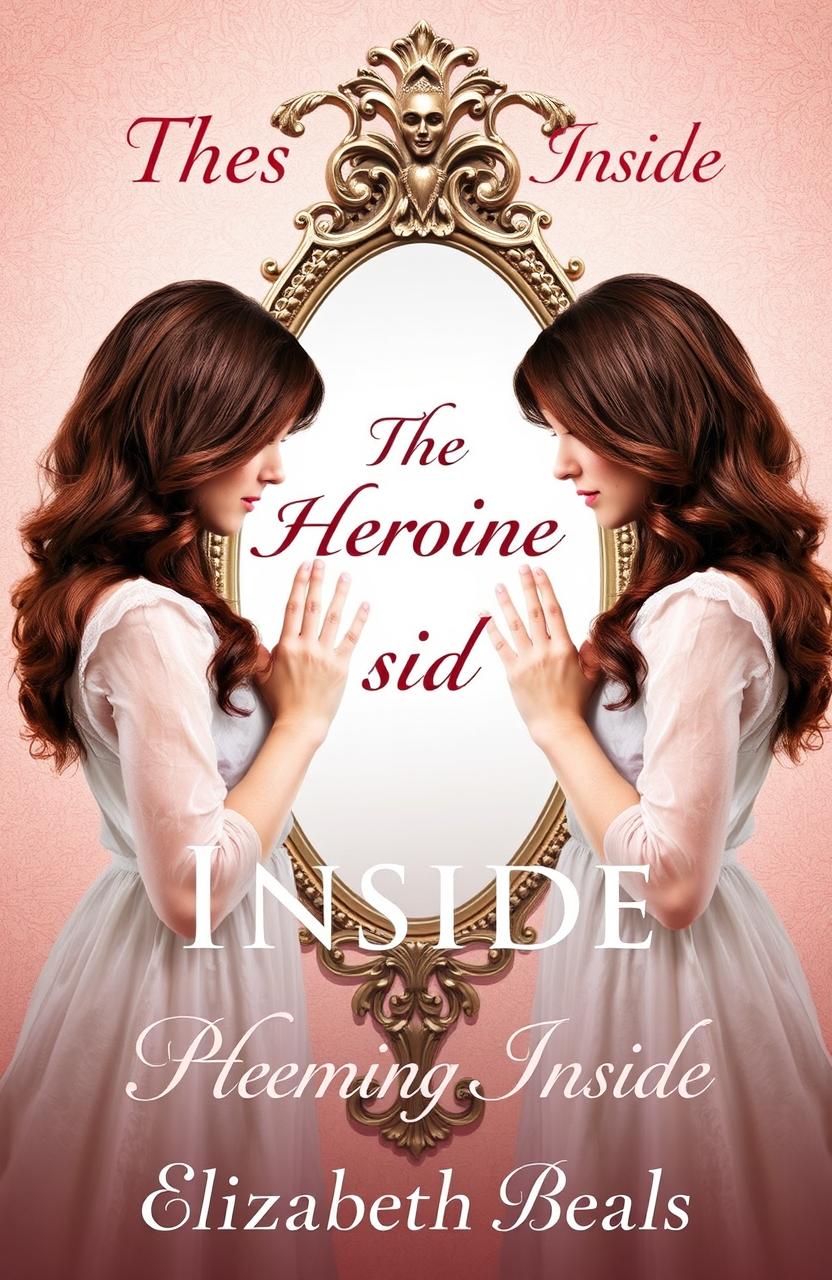 A captivating book cover design for 'The Heroine Inside', featuring two sisters with beautiful brown hair standing on either side of an ornate, vintage mirror