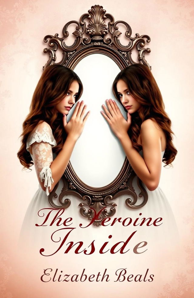 A captivating book cover design for 'The Heroine Inside', featuring two sisters with beautiful brown hair standing on either side of an ornate, vintage mirror