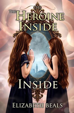 A captivating book cover for 'The Heroine Inside' featuring two sisters with long brown hair standing on either side of an ornate, mystical mirror