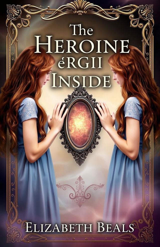 A captivating book cover for 'The Heroine Inside' featuring two sisters with long brown hair standing on either side of an ornate, mystical mirror