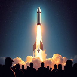 A stunning digital art poster of a rocket launch to space, featuring a powerful rocket taking off, with bright flames and smoke as it ascends
