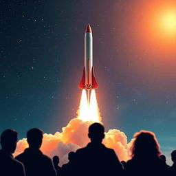 A stunning digital art poster of a rocket launch to space, featuring a powerful rocket taking off, with bright flames and smoke as it ascends