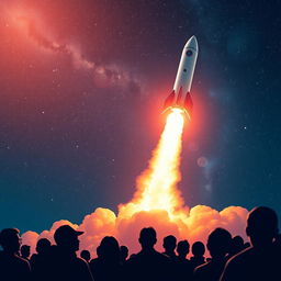 A stunning digital art poster of a rocket launch to space, featuring a powerful rocket taking off, with bright flames and smoke as it ascends
