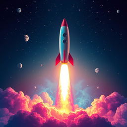 A vibrant and dynamic digital art poster showcasing a rocket launch into space