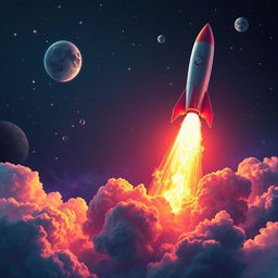 A vibrant and dynamic digital art poster showcasing a rocket launch into space