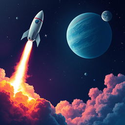 A vibrant and dynamic digital art poster showcasing a rocket launch into space